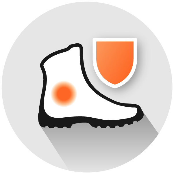Icon Knöchelschutz im VÖLKL Stiefel – oranges Schild am Knöchel symbolisiert den anatomischen Schutz vor Umknicken und Stößen