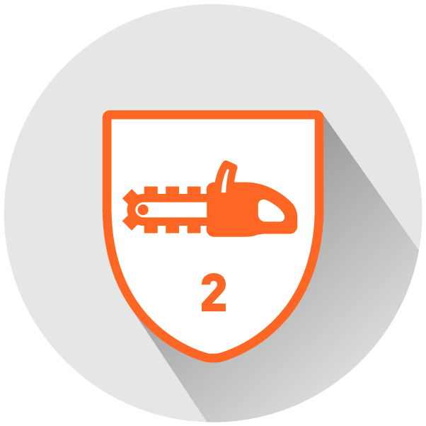 Icon Schnittschutz Klasse 2 im VÖLKL Stiefel – Schild mit Kettensäge symbolisiert Schnittschutz der Klasse 2 nach EN ISO 17249